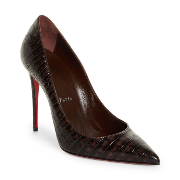 Christian Louboutin Kate 100 Expresso Brown Croc Classic Pointed Heel Pump 38 - Picture 3 of 11